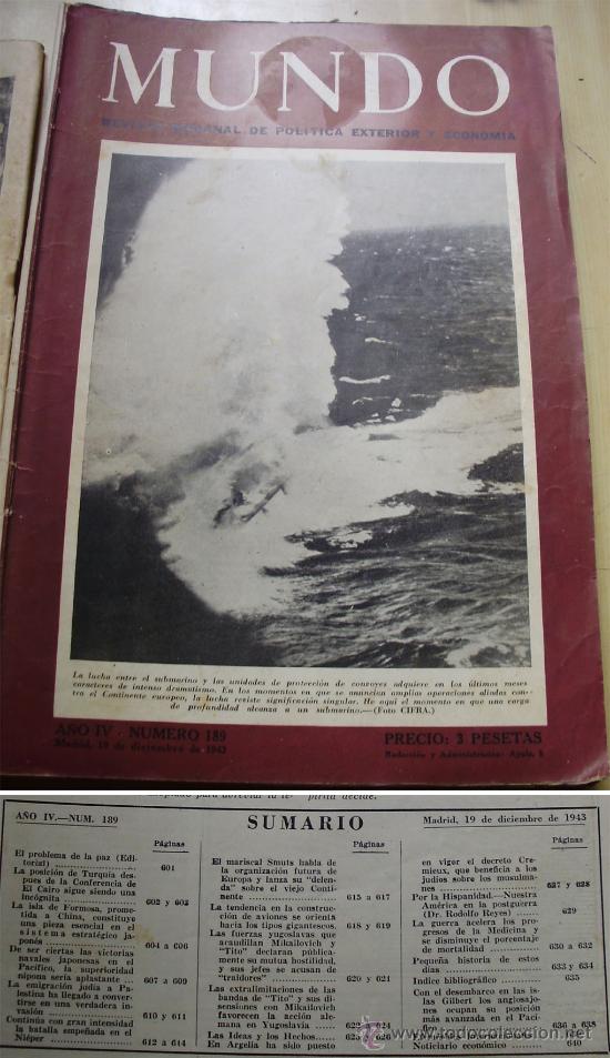 Colecionismo de Revistas e Jornais: - DICIEMBRE 1.943 SEGUNDA GUERRA MUNDIAL REV. MUNDO N.&ordm; 189 Con muchas im&aacute;genes, planos,... de la g