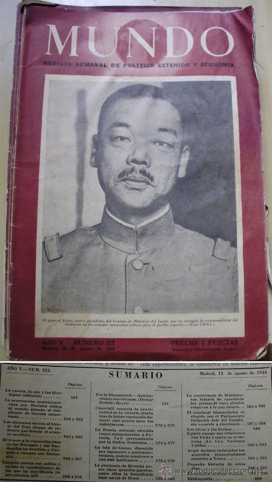 Collectionnisme de Revues et Journaux: AGOSTO 1.944 SEGUNDA GUERRA MUNDIAL REV. MUNDO N.&ordm; 223 CON MUCHAS IM&Aacute;GENES, PLANOS,... DE LA GUERRA