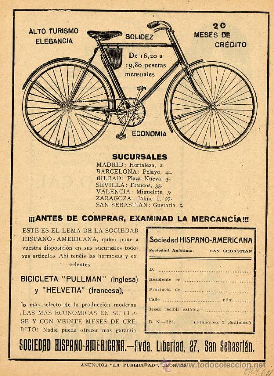 Coleccionismo de revistas y peri&oacute;dicos: CICLISMO 1924 BICICLETAS PULLMAN Y HELVETIA  SAN SEBASTIAN HOJA REVISTA