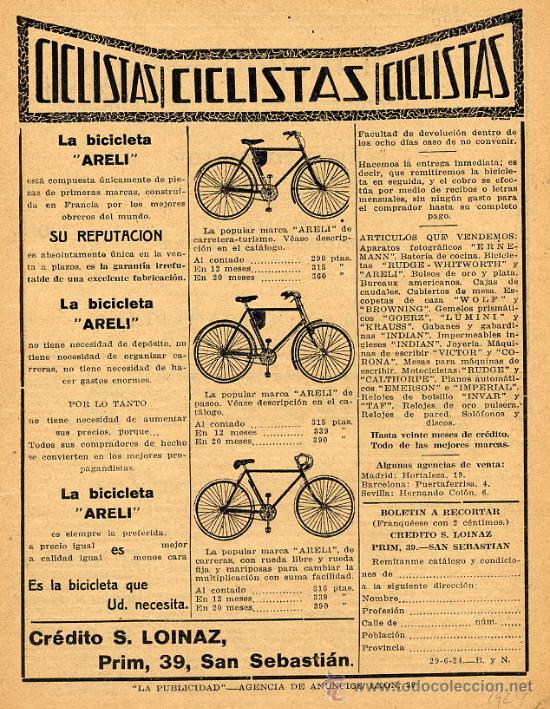 Coleccionismo de revistas y peri&oacute;dicos: CICLISMO 1924 BICICLETAS  ARELI  SAN SEBASTIAN  HOJA REVISTA