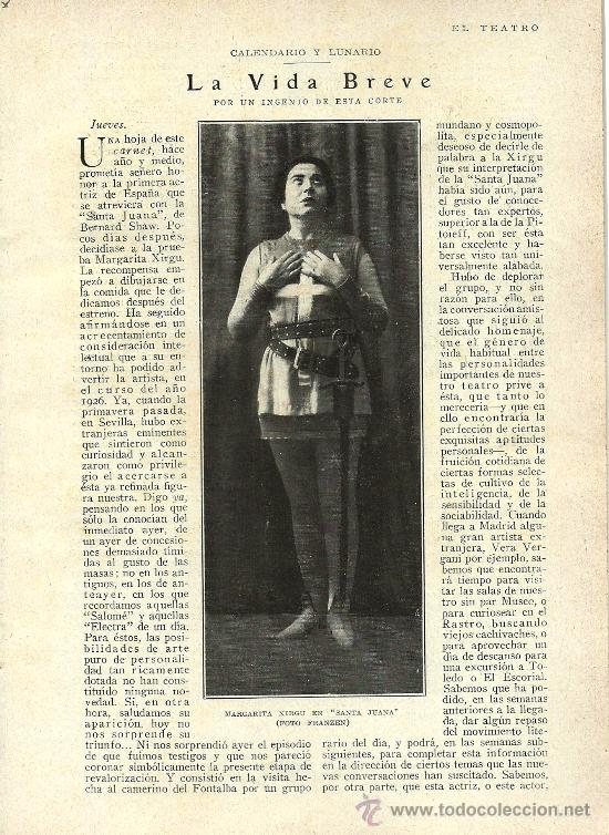 Coleccionismo de Revistas y Peri&oacute;dicos: * TEATRO * Margarita Xirg&uacute; en Santa Juana- 1926