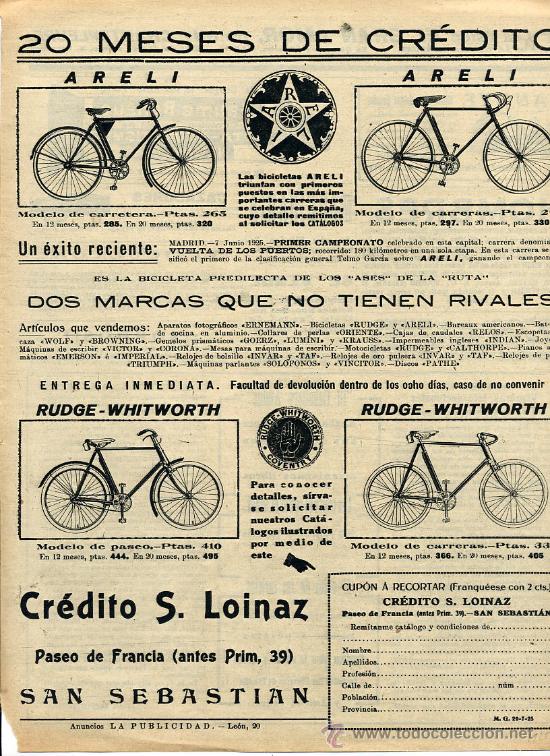 Coleccionismo de revistas y peri&oacute;dicos: CICLISMO 1925 BICICLETAS LOINAZ SAN SEBASTIAN HOJA REVISTA