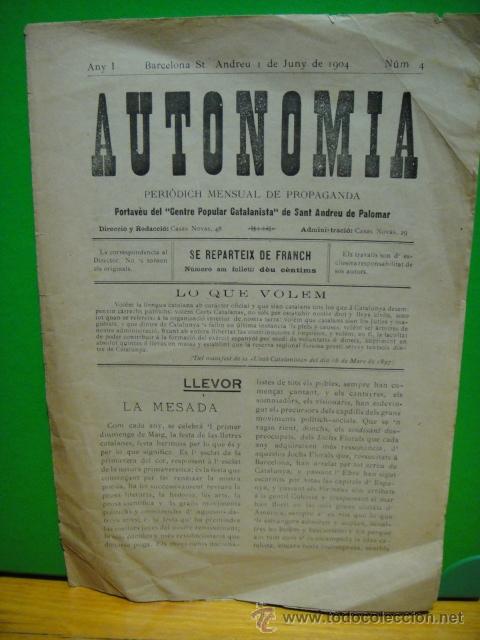 Collezionismo di Riviste e Giornali: autonomia -portavoz del centro popular catalan de sant andreu de palomar  -n&ordm; 4 a&ntilde;o 1904