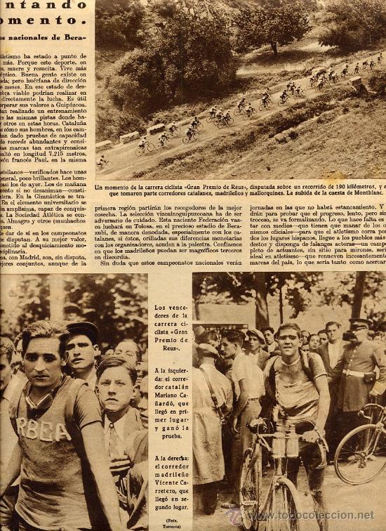 Coleccionismo de revistas y peri&oacute;dicos: CICLISMO 1932 PREMIO REUS CA&Ntilde;ARDO Y CARRETERO HOJA REVISTA