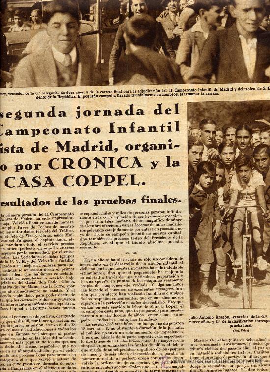 Coleccionismo de revistas y peri&oacute;dicos: CICLISMO 1932 MADRID CAMPEONATO INFANTIL CASA COPPEL FOTOS VARIOS PARTICIPANTES  2 HOJAS REVISTA