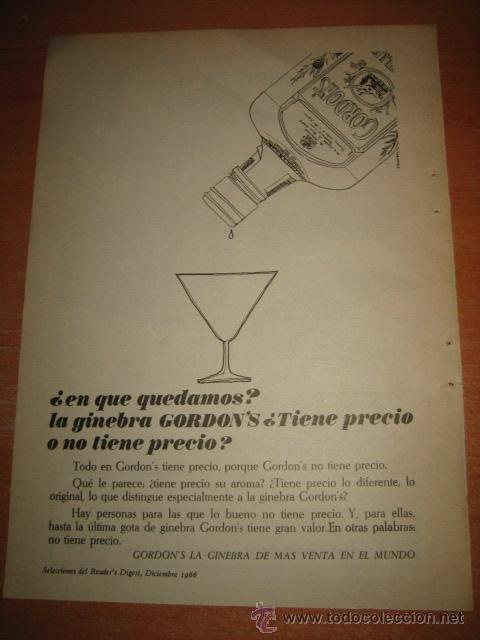 Coleccionismo de revistas y peri&oacute;dicos: PUBLICIDAD GINEBRA GORDON  HOJA DE REVISTA SELECCIONES READERS 1966