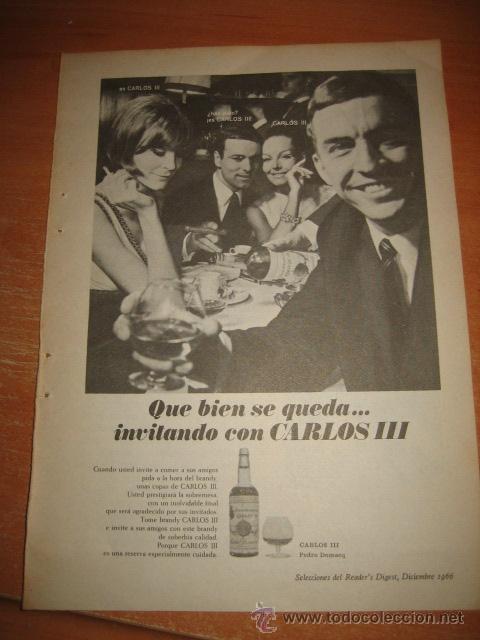 Coleccionismo de Revistas y Peri&oacute;dicos: PUBLICIDAD BRANDY CARLOS III   HOJA REVISTA SELECCIONES READERS DIGEST 1966