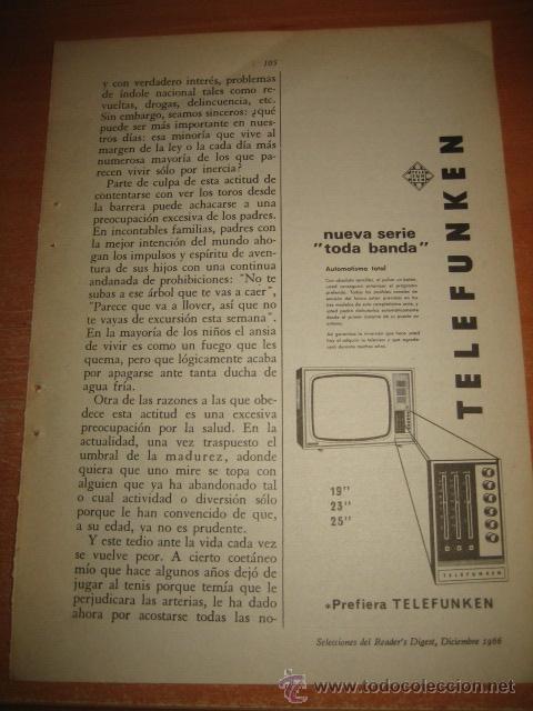 Coleccionismo de Revistas y Peri&oacute;dicos: PUBLICIDAD TELEFUNKEN  HOJA REVISTA SELECCIONES READERS DIGEST 1966