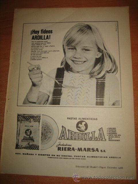 Coleccionismo de Revistas y Peri&oacute;dicos: PUBLICIDAD PASTA ARDILLA RIERA MARSA  HOJA REVISTA SELECCIONES READERS DIGEST 1966