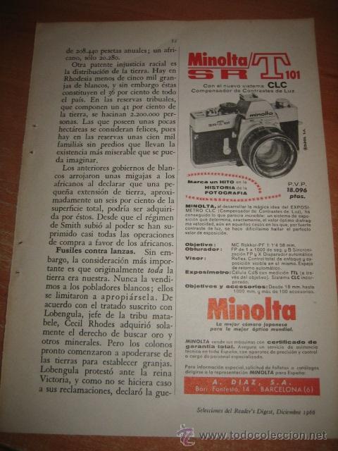 Coleccionismo de Revistas y Peri&oacute;dicos: PUBLICIDAD MINOLTA CAMARA FOTOGRAFICA  HOJA REVISTA SELECCIONES READERS DIGEST 1966