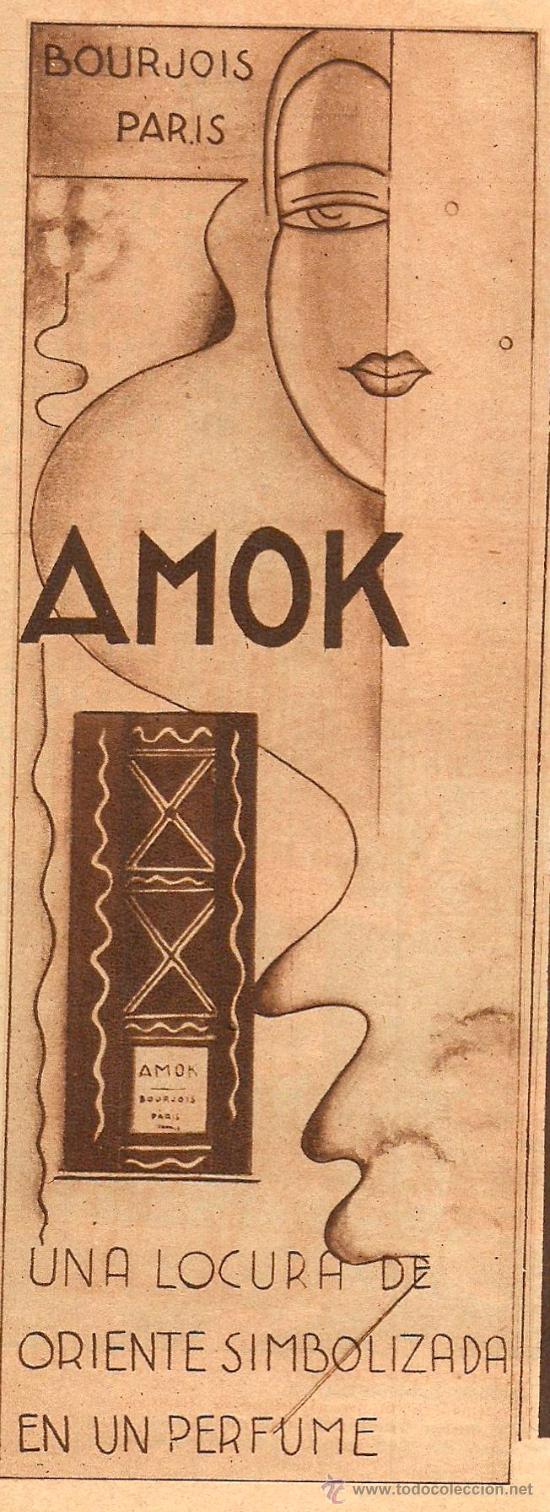 Coleccionismo de revistas y peri&oacute;dicos: Publicidad cosm&eacute;tica: perfume Amok de Bourjois - 1934