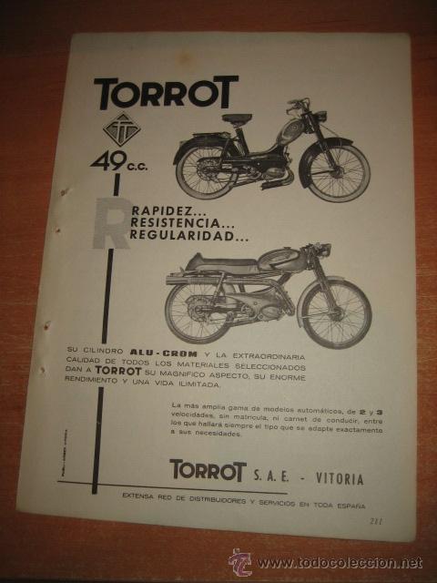 Coleccionismo de Revistas y Peri&oacute;dicos: PUBLICIDAD MOTOCICLETAS TORROT   HOJA DE REVISTA READERS DIGEST 1965