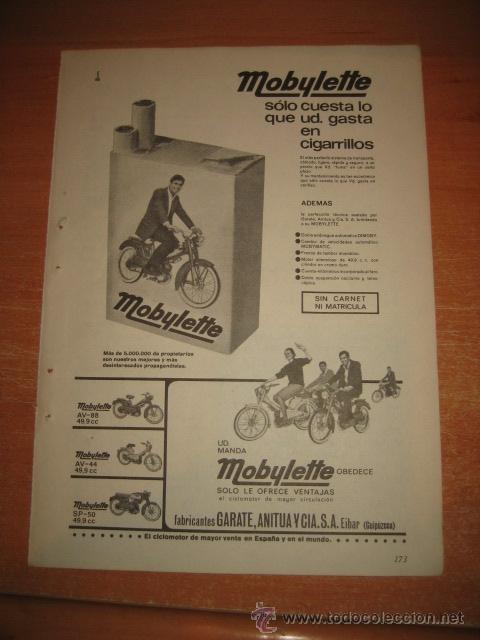 Coleccionismo de Revistas y Peri&oacute;dicos: PUBLICIDAD MOTOCICLETAS MOBYLETTE  HOJA DE REVISTA READERS DIGEST 1965