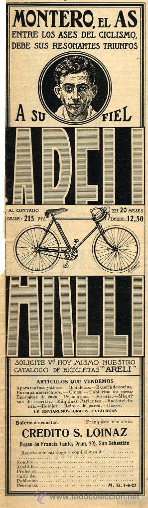 Coleccionismo de revistas y peri&oacute;dicos: CICLISMO 1927 MONTERO BICICLETAS ARELI SAN SEBASTIAN RETAL HOJA REVISTA