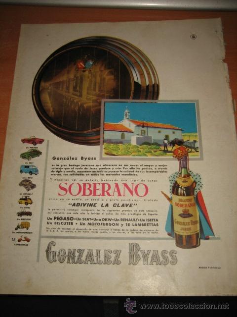 Coleccionismo de Revistas y Peri&oacute;dicos: PUBLICIDAD BRANDY SOBERANO GONZALEZ BYASS  HOJA REVISTA BLANCO Y NEGRO1957