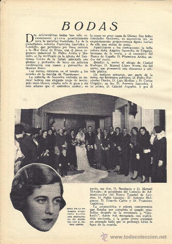 Coleccionismo de revistas y peri&oacute;dicos: * BODA * Enlaces Srta. Fuencisla Saavedra &ndash; D. Pedro Aritio, Mar&iacute;a Piedad Carvajal &hellip;- 1933