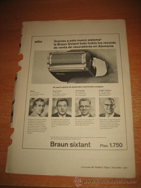 Coleccionismo de Revistas y Peri&oacute;dicos: PUBLICIDAD MAQUINA DE AFEITAR BRAUN SIXTANT HOJA DE REVISTA READERS DIGEST 1965
