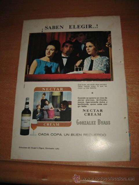 Coleccionismo de Revistas y Peri&oacute;dicos: PUBLICIDAD JEREZ GONZALEZ BYASS  HOJA DE REVISTA READERS DIGEST 1965