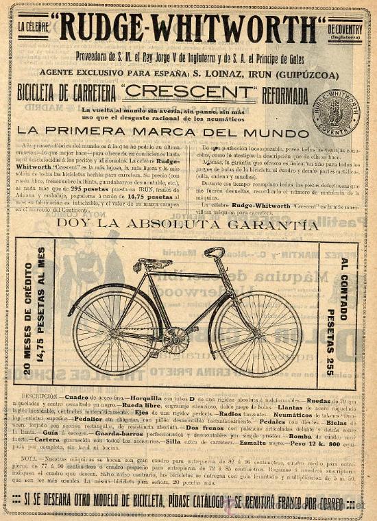Coleccionismo de revistas y peri&oacute;dicos: CICLISMO 1912 RUDGE-WHITWORTH  BICICLETAS IRUN HOJA REVISTA