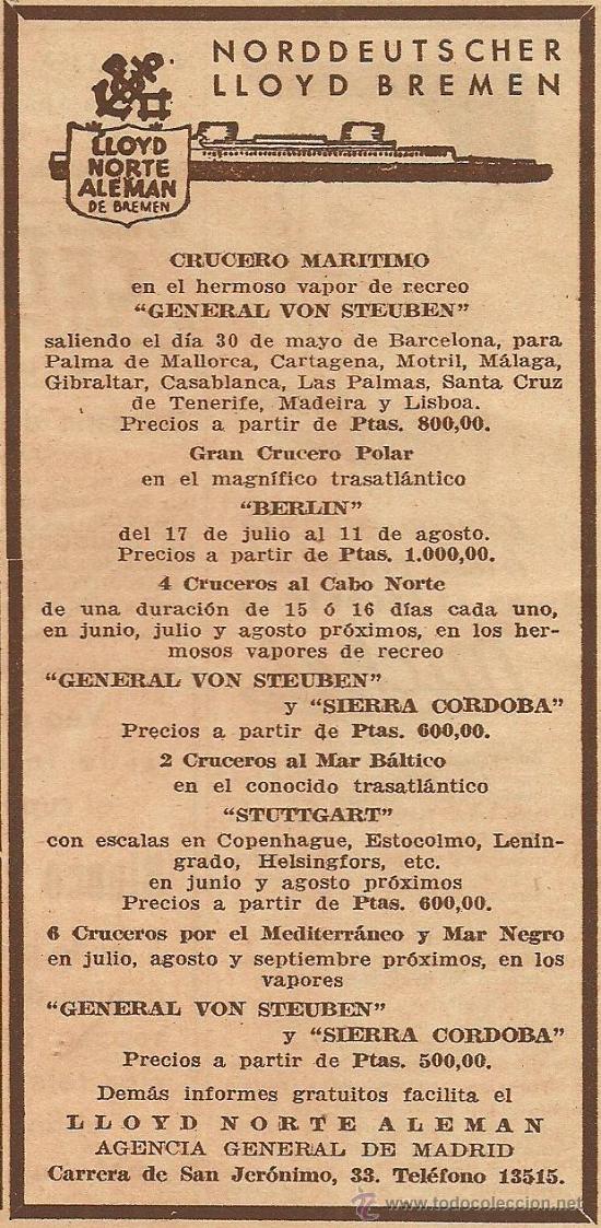 Collectionnisme de Revues et Journaux: Publicidad l&iacute;neas de navegaci&oacute;n: Norddeutscher Lloyd Bremen - 1935