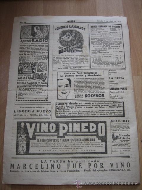 Coleccionismo de Revistas y Peri&oacute;dicos: PUBLICIDAD VINO PINEDO/FERRO-QUINA BISLERI HOJA REVISTA AHORA 1936