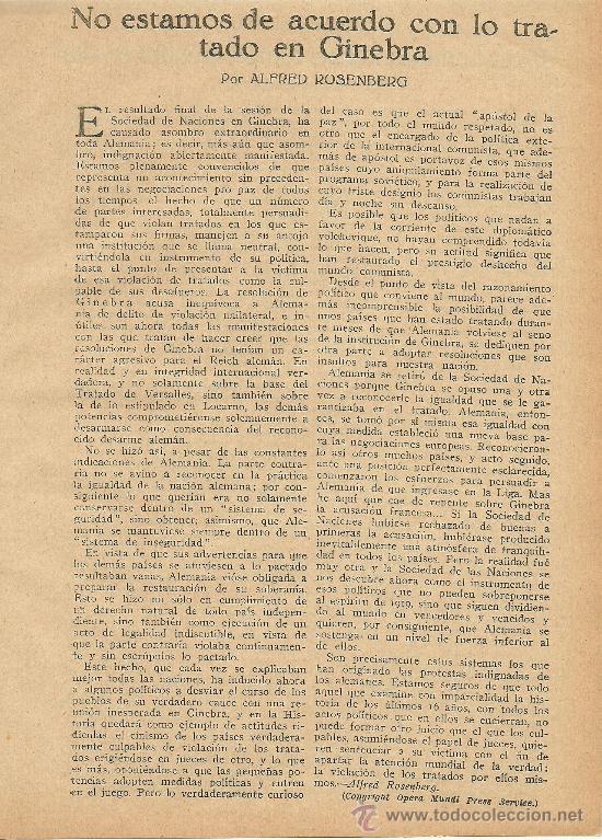 Coleccionismo de revistas y peri&oacute;dicos: No estamos de acuerdo con lo tratado en Ginebra / por Alfred Rosenberg - 1935