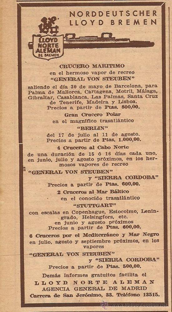 Collectionnisme de Revues et Journaux: Publicidad Norddeutscher Lloyd Bremen ( l&iacute;neas de navegaci&oacute;n) - 1935