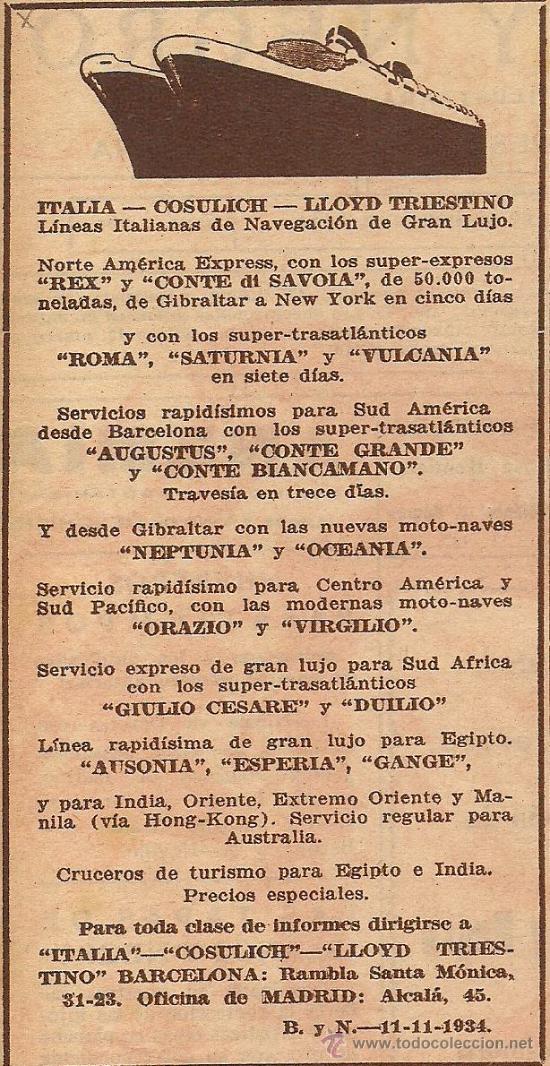 Collectionnisme de Revues et Journaux: Publicidad l&iacute;neas italianas de navegaci&oacute;n  - 1934