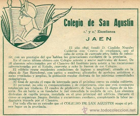 Coleccionismo de Revistas y Peri&oacute;dicos: * JA&Eacute;N * Publicidad Colegio de San Agust&iacute;n   - 1934