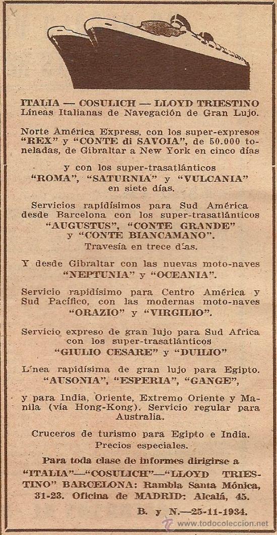 Collectionnisme de Revues et Journaux: Publicidad l&iacute;neas de navegaci&oacute;n Italia Cosulich Lloyd Triestino  - 1934