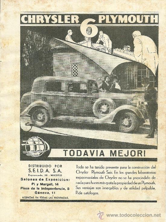 Coleccionismo de Revistas y Peri&oacute;dicos: Publicidad autom&oacute;vil Chrysler Plymouth distribuido por SEIDA - 1934