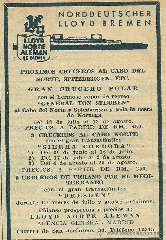 Collectionnisme de Revues et Journaux: Publicidad l&iacute;neas de navegaci&oacute;n Norddeutscher Lloyd Bremen - 1934