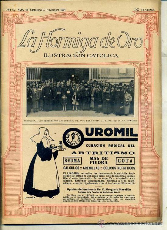 Coleccionismo de revistas y peri&oacute;dicos: HORMIGA DE ORO ILUSTRACI&Oacute;N CAT&Oacute;LICA 27-XI-1924 - PEREGRINOS ARGENTINOS EN ZARAGOZA, EN PORTADA