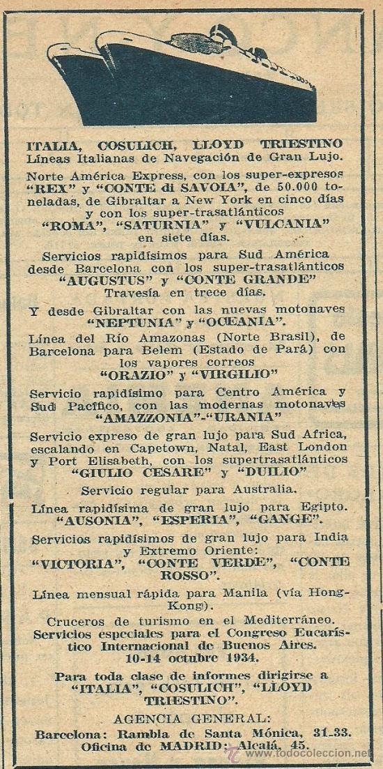 Collectionnisme de Revues et Journaux: Publicidad l&iacute;neas italianas de Navegaci&oacute;n de gran lujo Italia Cosulich Lloyd Triestino - 1933