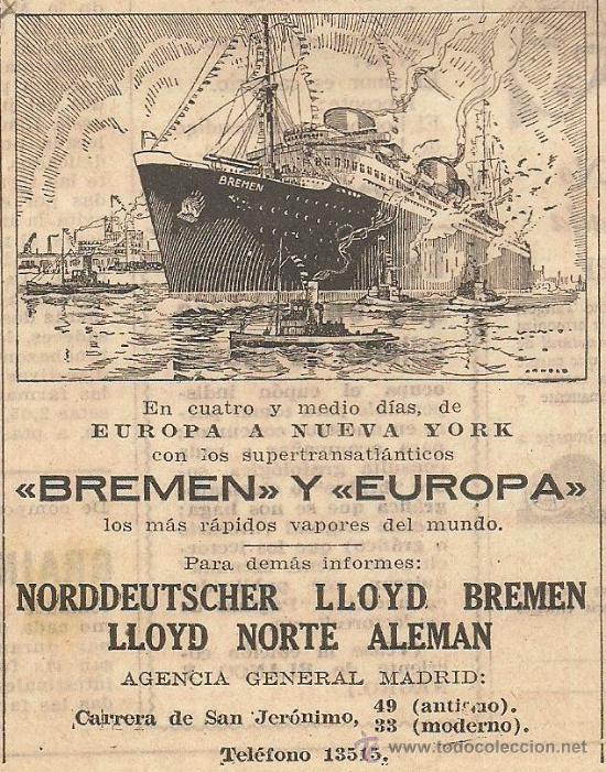 Collectionnisme de Revues et Journaux: Publicidad l&iacute;neas de navegaci&oacute;n Norddeutscher Lloyd Bremen  - 1932