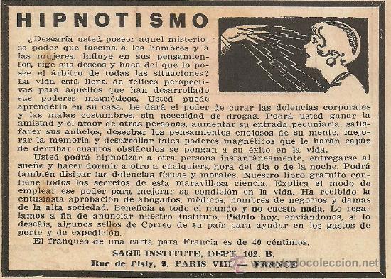 Coleccionismo de Revistas y Peri&oacute;dicos: Publicidad hipnotismo Sage Institute  - 1932