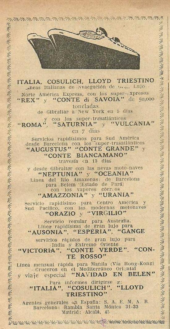 Collectionnisme de Revues et Journaux: Publicidad l&iacute;neas de navegaci&oacute;n Italia Cosulich, Lloyd Triestino - 1933