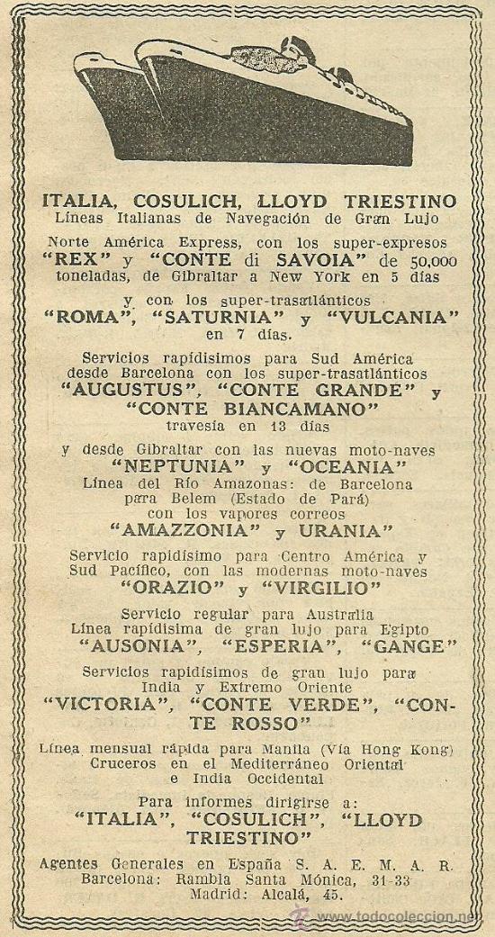 Coleccionismo de revistas y peri&oacute;dicos: Publicidad l&iacute;neas de navegaci&oacute;n Italia Cosulich Lloyd Triestino - 1933