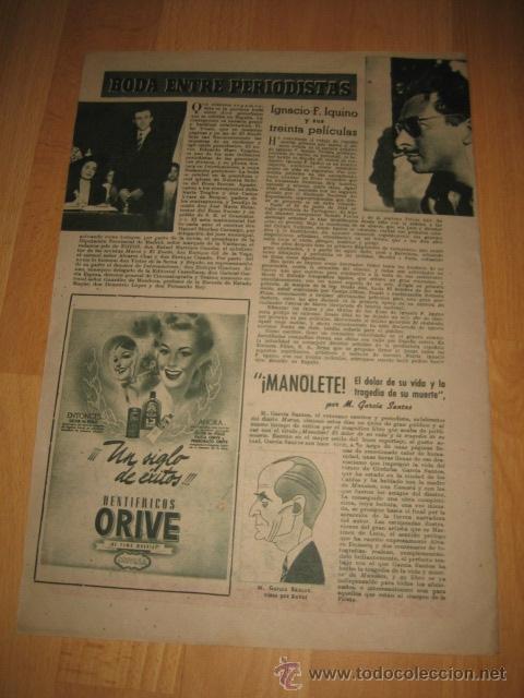 Coleccionismo de revistas y peri&oacute;dicos: MANOLETE EL DOLOR DE SU VIDA Y LA TRAGEDIA DE SU MUERTE/DENTIFRICOS ORIVE HOJA DE REVISTA FOTOS 1947