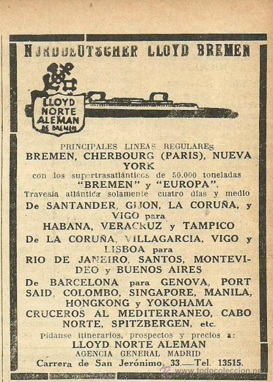 Collectionnisme de Revues et Journaux: Publicidad l&iacute;neas de navegaci&oacute;n Norddeutscher Lloyd Bremen - 1933