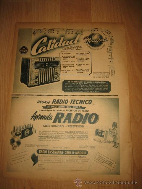 Coleccionismo de Revistas y Peri&oacute;dicos: PUBLICIDAD RADIO MARCONI M-49/RADIO ENSE&Ntilde;ANZA  HOJA REVISTA ABC 1949