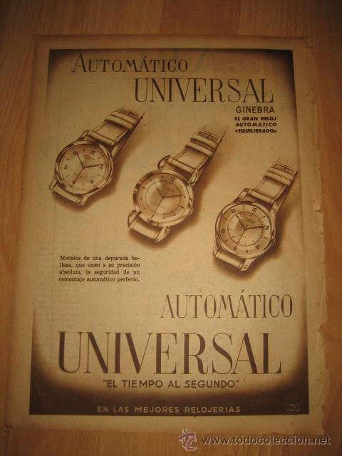 Coleccionismo de Revistas y Peri&oacute;dicos: PUBLICIDAD RELOJ AUTOMATICO UNIVERSAL GINEBRA    HOJA REVISTA ABC 1949