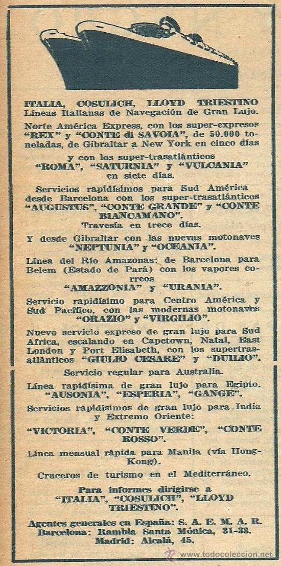 Collectionnisme de Revues et Journaux: Publicidad l&iacute;neas de navegaci&oacute;n Italia Cosulich, Lloyd Triestino - 1934
