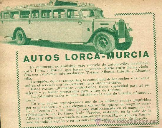 Coleccionismo de revistas y peri&oacute;dicos: * LORCA, Murcia * Publicidad Autos Lorca- Murcia - 1934