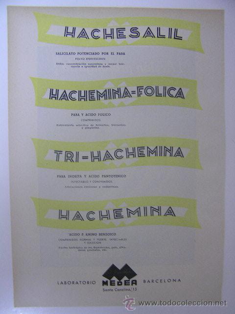 Colecionismo de Revistas e Jornais: publicidad original farmacia 1949,medicamento hachesalil,hachemina,medea,barcelona,28x20,ref rob