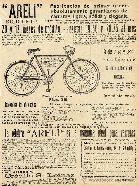 Coleccionismo de revistas y peri&oacute;dicos: CICLISMO 1924 BICICLETAS ARELI SAN SEBASTIAN HOJA REVISTA