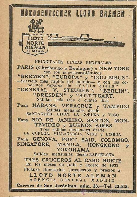 Collectionnisme de Revues et Journaux: Publicidad l&iacute;neas de navegaci&oacute;n Norddeutscher Lloyd Bremen - 1933