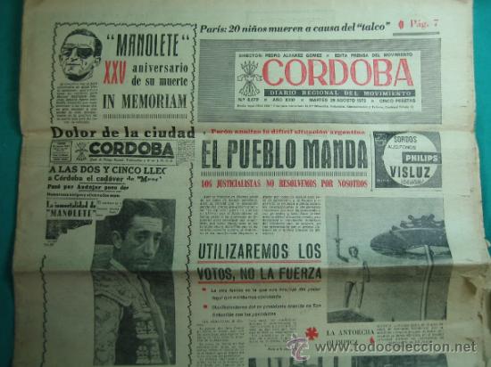 Coleccionismo de Revistas y Peri&oacute;dicos: Diario regional del Movimiento Cordoba. Manolete xxv aniversario de su muerte 1972