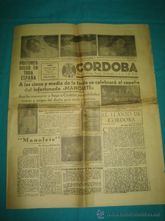 Coleccionismo de Revistas y Peri&oacute;dicos: CORDODA Diario de falange espa&ntilde;ola 30 Agosto 1947 Muerte de Manolete