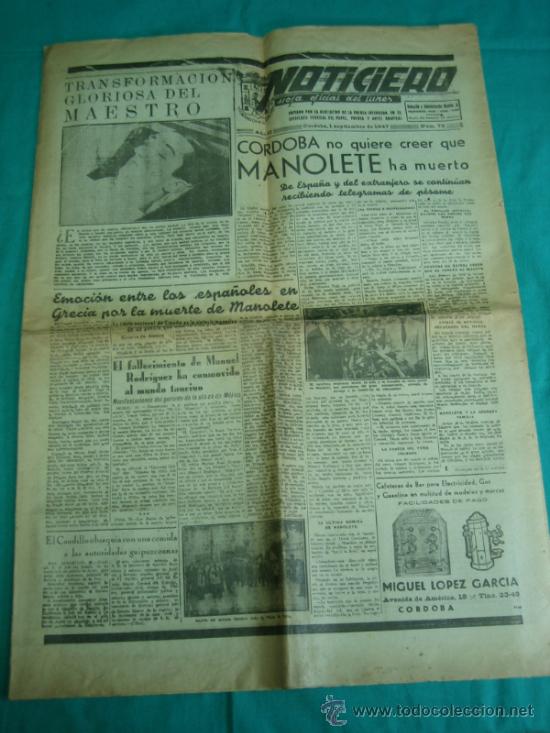 Coleccionismo de Revistas y Peri&oacute;dicos: Periodico NOTICIERO de CORDOBA 1 Septiembre 1947 Muerte de Manolete
